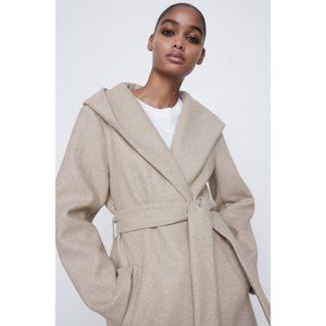 Zara Camel Beige Cowl Hooded Belted Open Coat EUC Like New size L